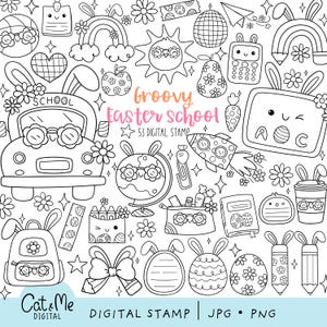 Op de afbeelding: Zwart-witte digitale stempels in lijnkunst met Pasen- en schoolthema's. De set bevat afbeeldingen van een schoolbus, een globe, een raket, een rugzak, een potlood, een wortel, een regenboog, een appel, een peer, een strik, een konijn en meer.