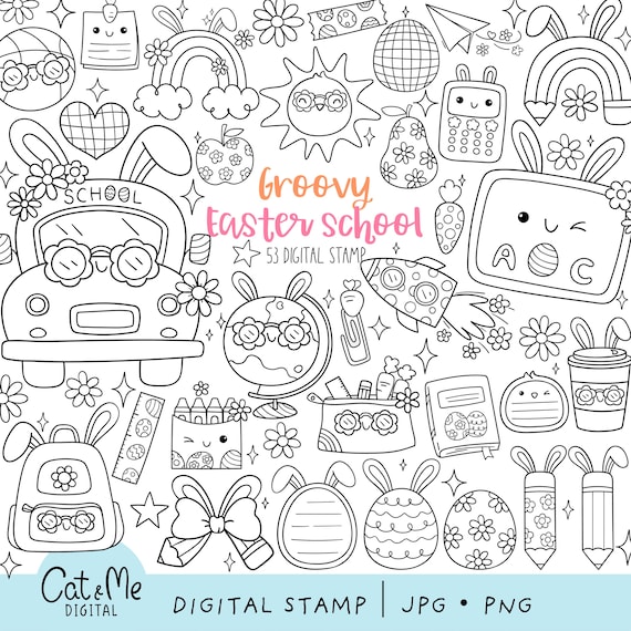 Doodle easter school digital stamp Outline spring coloring Chick Bunny Flower Stamp Png School Activity Classroom Easter coloring page