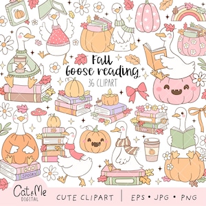 May include: A digital clipart set with cartoon geese, pumpkins, and autumn leaves. The text reads "Fall goose reading" and "36 CLIPART". The illustrations are in soft pastel colours, with a whimsical and cute style, perfect for autumn-themed projects.