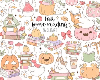 May include: A digital clipart set featuring cartoon geese reading books, pumpkins, and fall leaves. The text "Fall goose reading" and "36 clipart" are included. The illustrations are in soft pastel colors with a cute, whimsical style.