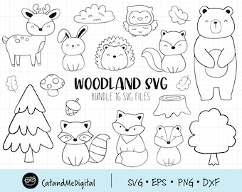 Woodland animal svg Outline Woodland svg Forest clip art digital stamp Coloring svg clipart Bear Fox Deer Squirrel Raccoon Dxf cut file