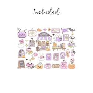 May include: A collection of Halloween-themed stickers featuring a bookstore, ghosts, pumpkins, books, skulls, and candles in pastel purple, orange, and green. The text includes The Halloween Bookshop, Spooky Stories, Admit One, Stay Spooky, Witchy Reads, Ghost Tales, Books & Spells, Spell Book, Boo, and Books Are Magic.