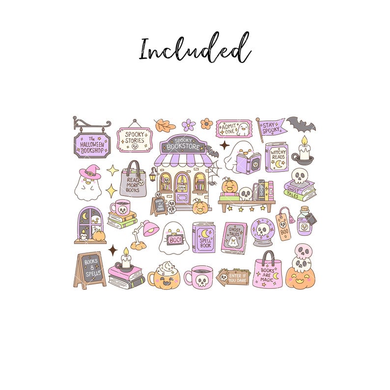 May include: A collection of Halloween-themed stickers featuring a bookstore, ghosts, pumpkins, books, skulls, and candles in pastel purple, orange, and green. The text includes The Halloween Bookshop, Spooky Stories, Admit One, Stay Spooky, Witchy Reads, Ghost Tales, Books & Spells, Spell Book, Boo, and Books Are Magic.