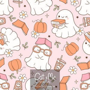 Op de afbeelding: Een naadloos patroon met schattige cartoon-geesten die een bril dragen en boeken vasthouden, met pompoenen, koffiebekers en sterren op een roze achtergrond. De tekst "Cat & Me Digital Pattern 12 x 12 inches" staat onderaan de afbeelding.