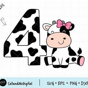 Kuh Mädchen Geburtstag svg 4. Geburtstag Svg Geburtstag Mädchen Kid Kuh SVG Kinder Schneidedatei Kuh mit Schleife Vierter Geburtstag svg Nummer 4 svg Farm Shirt svg