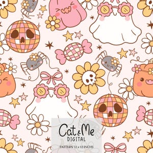 May include: A seamless pattern featuring cute Halloween characters and objects. The pattern includes ghosts, pumpkins, spiders, candy, and disco balls. The background is a light pink color with white stars. The text "Cat & Me Digital" and "Pattern 12 x 12 inches" is at the bottom of the image.