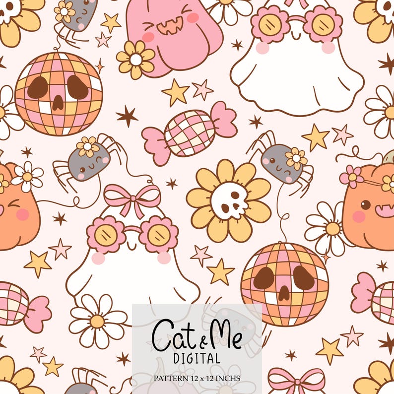 May include: A seamless pattern featuring cute Halloween characters and objects. The pattern includes ghosts, pumpkins, spiders, candy, and disco balls. The background is a light pink color with white stars. The text "Cat & Me Digital" and "Pattern 12 x 12 inches" is at the bottom of the image.