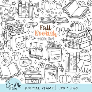 May include: A set of 40 digital stamps featuring autumn-themed illustrations of books, pumpkins, leaves, and other autumnal elements. The text "Fall Bookish" is included in the image.
