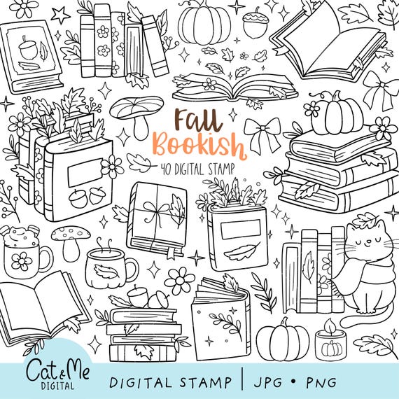 Fall Bookish Digital Stamp Set, Autumn Reading (PNG, JPG)