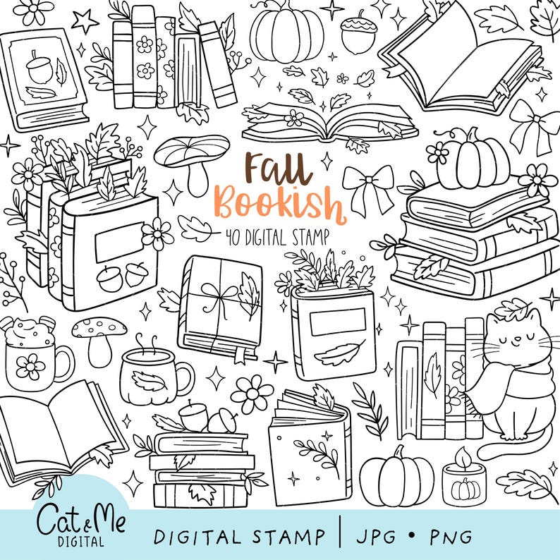 May include: A set of 40 digital stamps featuring autumn-themed illustrations of books, pumpkins, leaves, and other autumnal elements. The text "Fall Bookish" is included in the image.