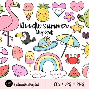 Doodle summer clipart Beach clipart Vacation clipart Seasonal clipart Summer cartoon png Summer party Flamingo, Sun, Ice cream png