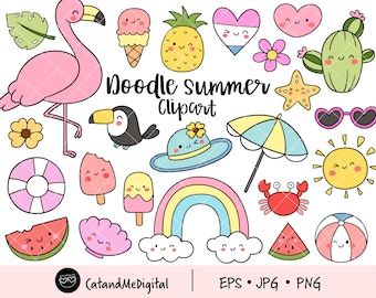Summer Clipart. Hand Drawn Beach, Vacation, Holiday Clip Art. Doodle Ice Cream, Palm Leaf, Sunscreen, Pool, Watermelon, Sea Illustrations.