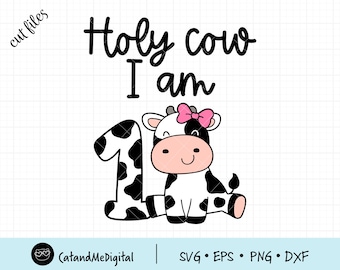 Holy cow I am one svg 1st birthday svg Cow print svg Girl frist birthday Baby cow svg Kids cut file Birthday gift Birthday party shirt PNG