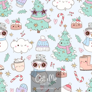 Könnte beinhalten: Ein sich wiederholendes Muster mit Cartoon-Weihnachtsbäumen, Schneemännern, Wolken und anderen festlichen Elementen. Das Design hat einen hellblauen Hintergrund mit rosa, grünen und weißen Akzenten. Der Text "Cat & Me DIGITAL" ist sichtbar.