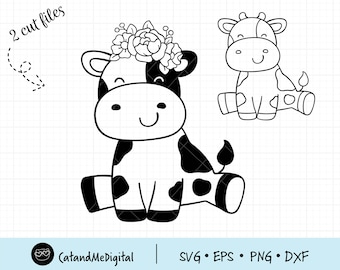 May include: Black and white line art illustration of a cow with a floral crown. The cow is sitting with its legs crossed and has a happy expression. The illustration is suitable for use in crafting projects, scrapbooking, and digital design.