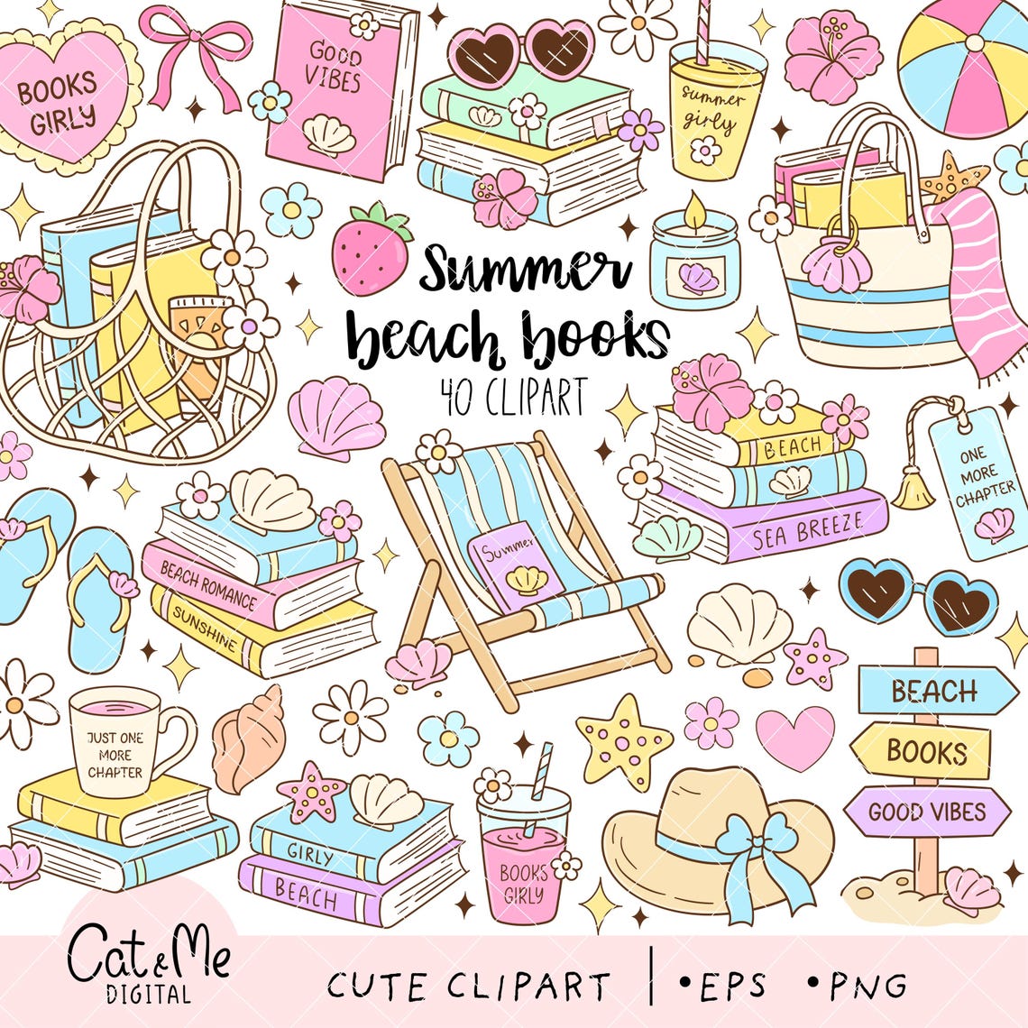 Summer Beach Books Clipart, Pastel Reading Stickers, Book Club PNG ...