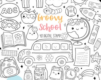 Carimbo digital escolar bacana Doodle para colorir contorno Retro volta às aulas Colorir Ônibus escolar Livros Apple Pencil digistamp Página para colorir