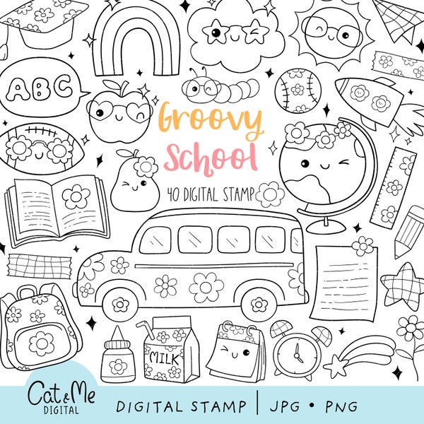 Groovy school digital stamp Doodle outline coloring  Retro back to school coloring School bus Books Apple Pencil digistamp Coloring page