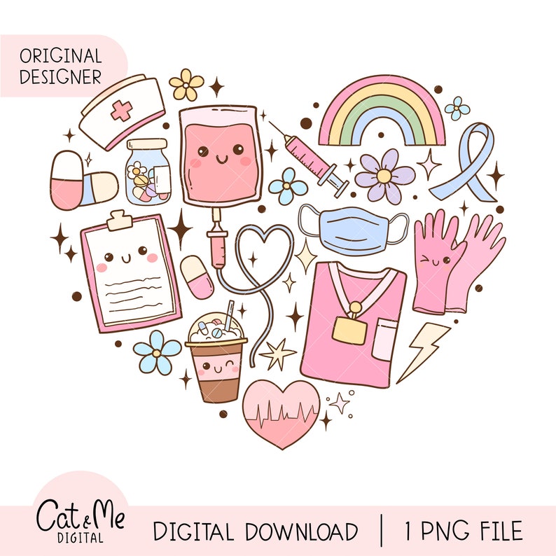 May include: A pink heart-shaped design with various medical and healthcare related illustrations.  The illustrations include a blood bag, a syringe, a face mask, a stethoscope, a rainbow, a nurse's uniform, a cup of coffee, a heart with a heartbeat, a bandage, a pair of gloves, and pills.