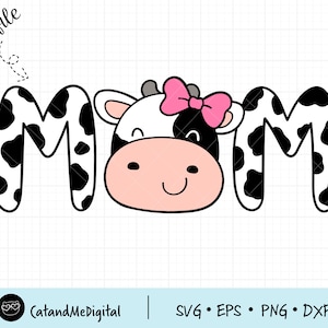 May include: A black and white cow with a pink bow, forming the word "MOM" in a cute cartoon style.