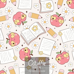 Groovy back to school seamless Teacher pattern Doodle school repeating pattern for sublimation School bus Apple Books Pencil digital paper
