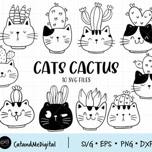 Gatos con cactus svg Cara gato svg Cat planta svg Cat cactus clipart Plant svg Cat lover svg Cat camiseta Silhouette cricut PNG DXF