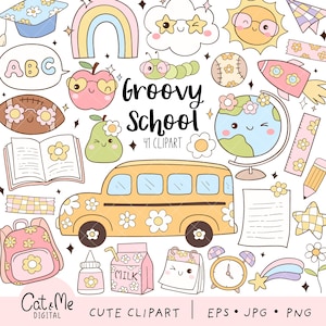 Groovy Schulclipart Retro zurück zur Schule Groovy Lehrer Clipart Bildung Clipart Schulbus Bücher Apple Pencil Supplies Sublimation png