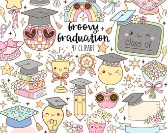 Groovy clipart de formatura Clipart escolar Clipart floral de formatura Chapéu de formatura png Festa de formatura para crianças png Decoração de sala de aula em tons pastel Presente escolar