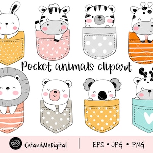 May include: Set of eight adorable cartoon animals peeking out of pockets with various patterns. The animals include a rabbit, zebra, giraffe, lion, bear, koala, and reindeer. The text "Pocket animals clipart" is written below the images.