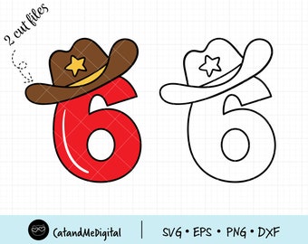 Nummer zes cowboy svg 6e verjaardag svg Verjaardag jongen meisje Koe hoed svg Kinderen knippen bestand Zesde verjaardag svg Nummer 6 svg Westers land svg