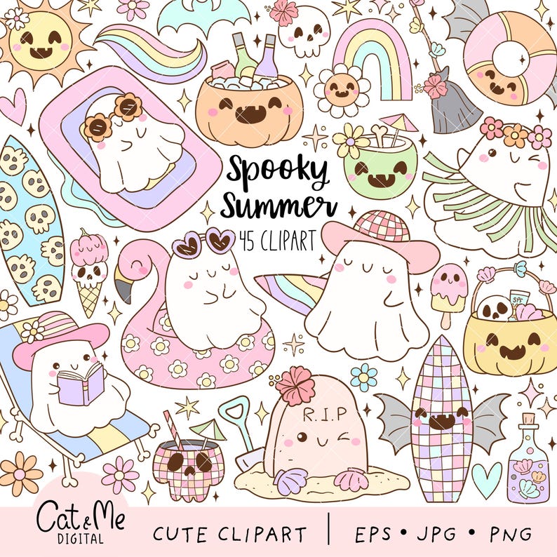Może przedstawiać: Cyfrowa ilustracja o tematyce 'Spooky Summer', przedstawiająca urocze duszki w okularach przeciwsłonecznych, unoszące się na dmuchanych kołach i cieszące się letnimi aktywnościami. Zawiera tęczę, słońce i inne elementy związane z latem. Tekst brzmi 'Spooky Summer 45 CLIPART'.