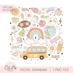 May include: A colorful illustration of school-themed clipart, including a yellow school bus, a rainbow, a globe, an apple, a pencil, a ruler, a milk carton, a pear, a cup, a football, a caterpillar, a star, a cloud, a sun, a heart, a rocket, a book, and the letters ABC.