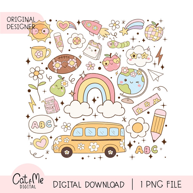 May include: A colorful illustration of school-themed clipart, including a yellow school bus, a rainbow, a globe, an apple, a pencil, a ruler, a milk carton, a pear, a cup, a football, a caterpillar, a star, a cloud, a sun, a heart, a rocket, a book, and the letters ABC.
