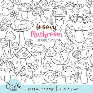 Groovy Retro Pilze digital Stempel Doodle Flower Power Stempel Cottagecore zum Ausmalen Outline Disco Pilz png Magischer Pilz zum Ausmalen