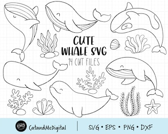 Baleine svg Baleine clipart Animal de mer fichier coupé Animal de mer Animal océanique Illustration de baleines bundle svg Vecteur baleine Corail svg Doodle baleine cricut DXF