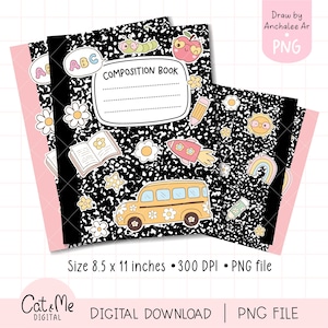 May include: Two composition notebooks with black and white speckled covers and pink spines. The notebooks are decorated with colorful school-themed stickers, including an apple, a school bus, and the text "COMPOSITION BOOK". The notebooks are 21.6 x 27.9 cm.