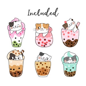 May include: Six illustrations of cute cats in bubble tea cups. The cats are in various poses, including sleeping, sitting, and looking at the viewer. The bubble tea cups are in different colors, including pink, green, and brown.