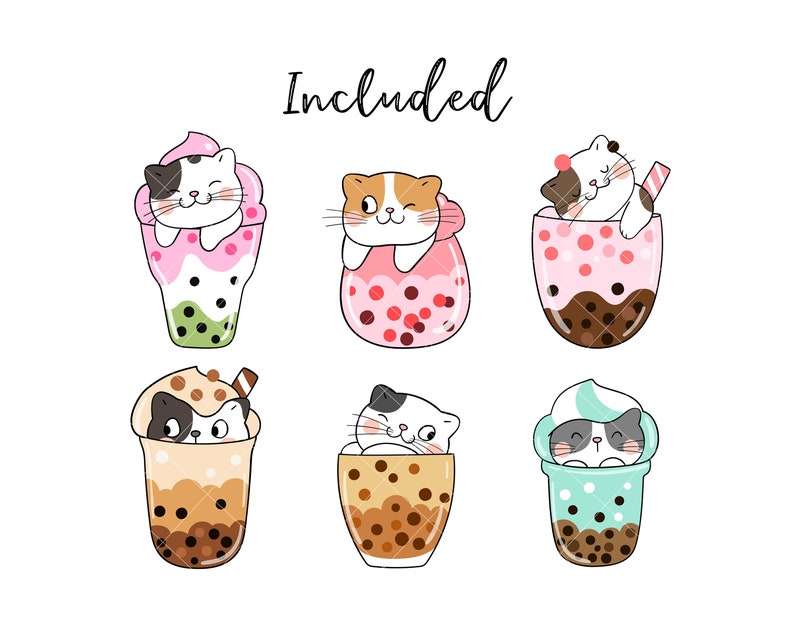 May include: Six illustrations of cute cats in bubble tea cups. The cats are in various poses, including sleeping, sitting, and looking at the viewer. The bubble tea cups are in different colors, including pink, green, and brown.
