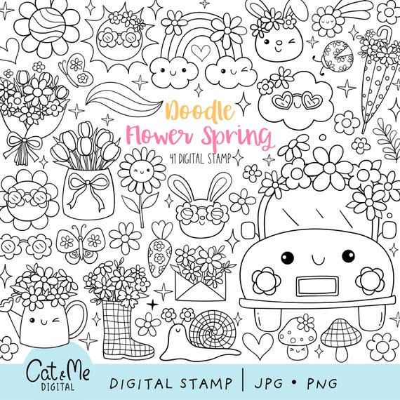 Doodle flower spring digital stamp Outline spring coloring Flower power stamp Positive vibes Hippie spring flower stamp Spring coloring page