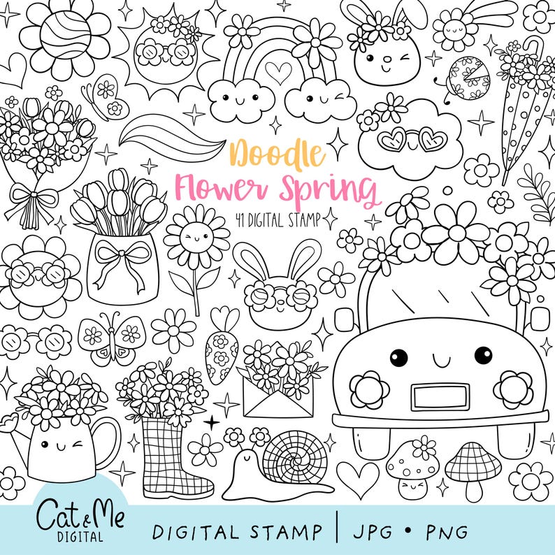 Doodle flower spring digital stamp Outline spring coloring Flower power stamp Positive vibes Hippie spring flower stamp Spring coloring page image 1