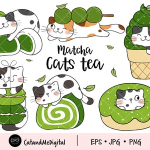 Matcha chats thé clipart Chat clipart Thé vert clipart Dessert clipart Animal png Illustration chat amoureux Mochi Macarons Crème glacée Donut