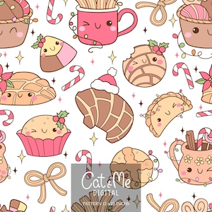 May include: A seamless pattern featuring cute cartoon illustrations of various Christmas-themed Mexican pastries, including pan dulce, conchas, and churros. The pattern is set against a white background and includes festive elements like candy canes, bows, and twinkling lights.
