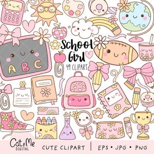School girl clipart Pastel school supplies png Pink back to school Classroom dector png Groovy education png School supplies clipart
