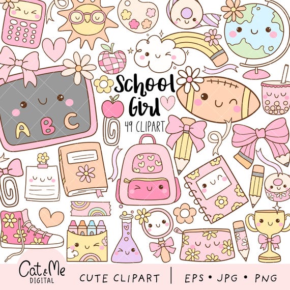 School girl clipart Pastel school supplies png Pink back to school Classroom dector png Groovy education png School supplies clipart