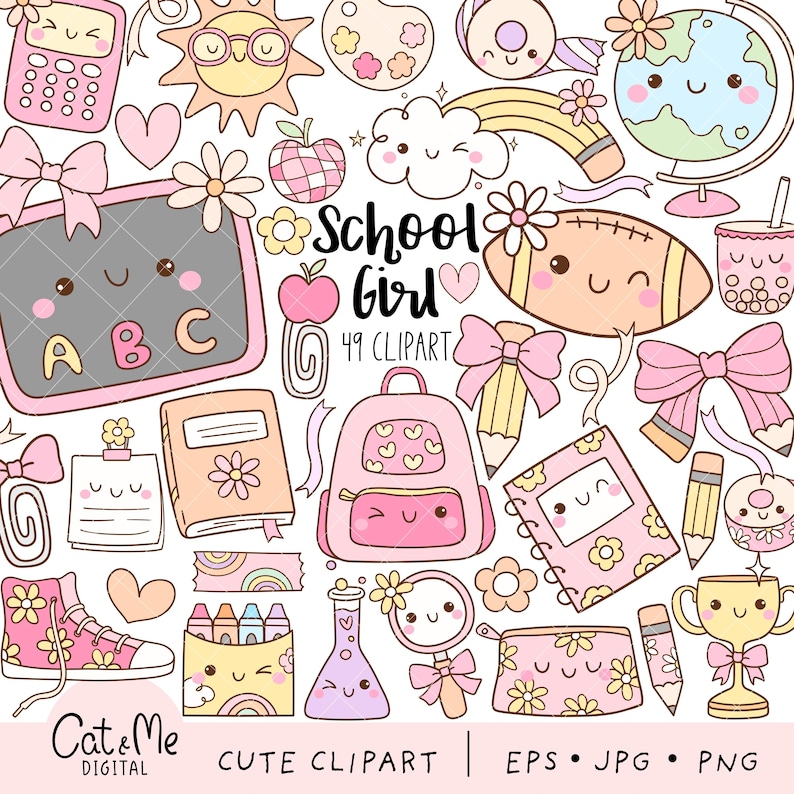 Pode incluir: Um conjunto de 49 imagens de clipart de desenhos animados coloridos que representam materiais escolares, incluindo uma mochila, um l&aacute;pis, um livro, uma calculadora, um globo terrestre, um quadro-negro, um arco-&iacute;ris, uma nuvem, uma flor, um cora&ccedil;&atilde;o, um la&ccedil;o, um trof&eacute;u, uma lupa, uma proveta, uma caixa de giz de cera, uma caixa de suco, uma bola de futebol e um par de t&ecirc;nis. O texto "School Girl" e "49 Clipart" tamb&eacute;m est&aacute; inclu&iacute;do na imagem.