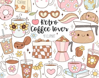 Retro coffee lover clipart Groovy coffee png Coffee cup png Trendy iced coffee Hand drawn coffee png Flower daisy png Coffee gift shirt png
