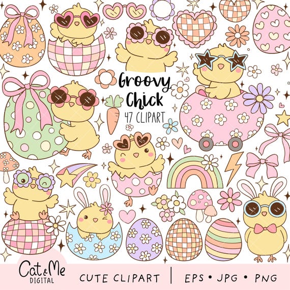 Groovy chick clipart Easter day png Pastel easter png Spring clipart Hippie easter png Disco Easter eggs Daisy flower Retro easter gift png