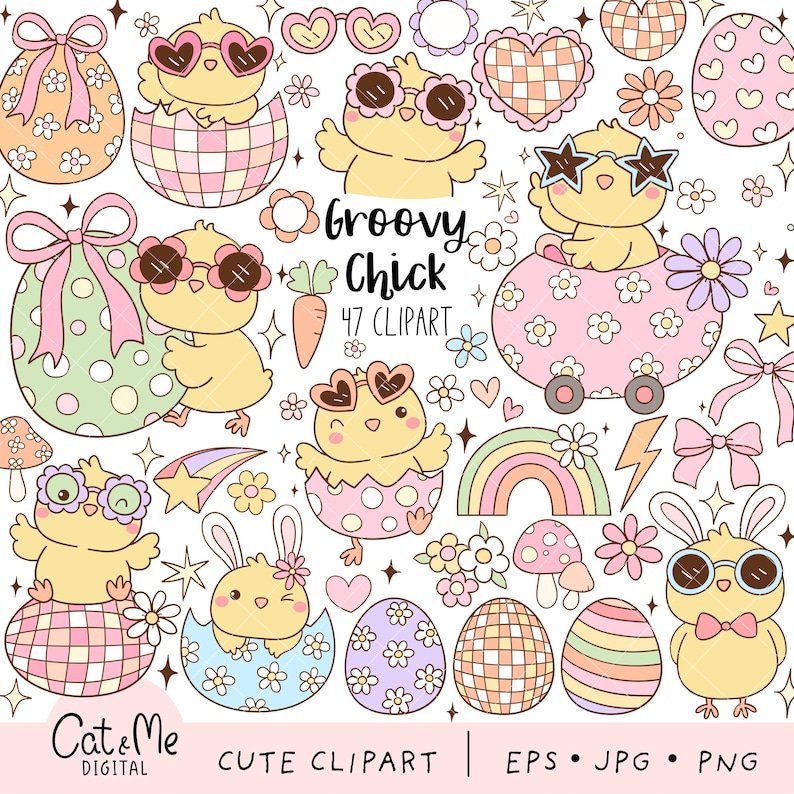 May include: A set of 47 Easter-themed clip art images featuring groovy chicks, eggs, rainbows, carrots, and flowers. The chicks are wearing sunglasses and have hearts for eyes. The colors are bright and cheerful, with pink, yellow, blue, green, and white being prominent.