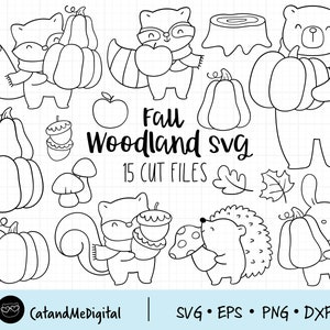 May include: Black and white line art illustrations of fall woodland animals, pumpkins, acorns, and leaves. The text "Fall Woodland SVG 15 Cut Files" is included in the image.