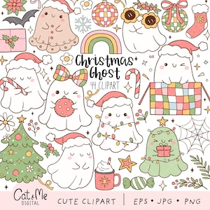 Op de afbeelding: Een set van 44 kerstgeest clip art afbeeldingen. De geesten dragen kerstmanmutsen, houden snoepstokken vast en zijn versierd met kerstverlichting. Er zijn ook afbeeldingen van kerstbomen, cadeaus en andere kerstversieringen.